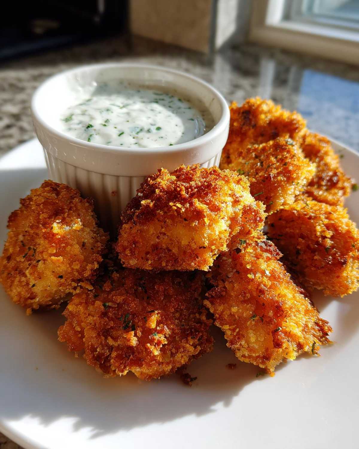 A plate of golden brown Crispy Chicken Nuggets served next to a small white ramekin of creamy Ranch Dip.