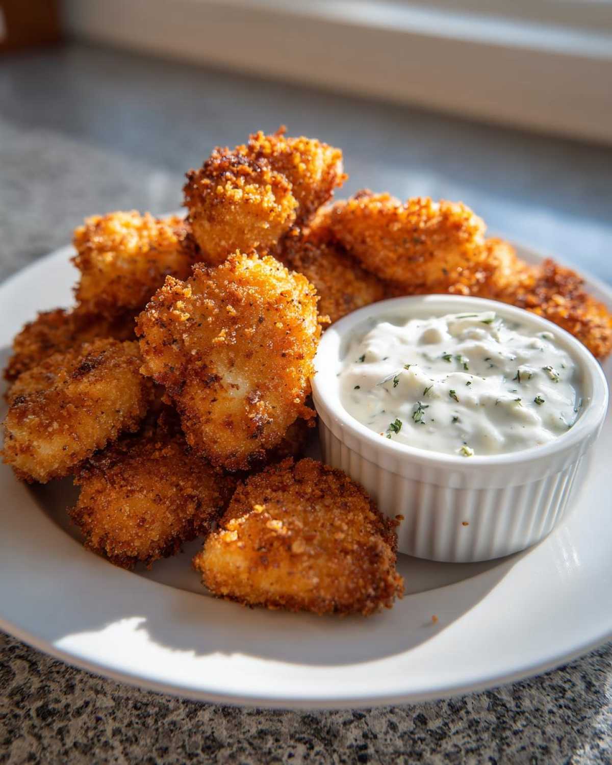 A plate piled high with golden brown Crispy Chicken Nuggets served alongside a small white ramekin of creamy Ranch Dip.