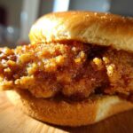 Extreme close-up of a juicy, crispy chicken sandwich featuring a thick, seasoned fried chicken fillet on a soft bun, ready for the Crispy Chicken Sandwich with Garlic Parmesan Sauce.