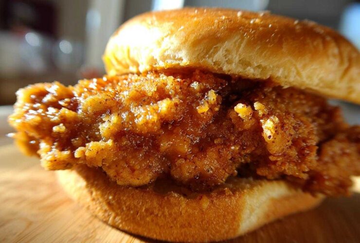 Extreme close-up of a juicy, crispy chicken sandwich featuring a thick, seasoned fried chicken fillet on a soft bun, ready for the Crispy Chicken Sandwich with Garlic Parmesan Sauce.