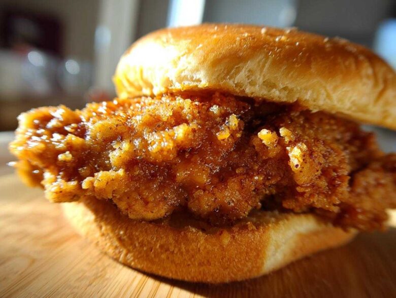 Extreme close-up of a juicy, crispy chicken sandwich featuring a thick, seasoned fried chicken fillet on a soft bun, ready for the Crispy Chicken Sandwich with Garlic Parmesan Sauce.