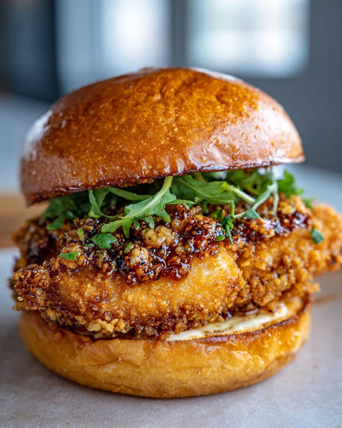 A close-up of a Crispy Chicken Sandwich with Garlic Parmesan Sauce, featuring a thick fried patty on a brioche bun with arugula.