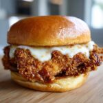 Close-up of a Crispy Chicken Sandwich with Garlic Parmesan Sauce, featuring a thick, crunchy fillet and melted white cheese on a brioche bun.
