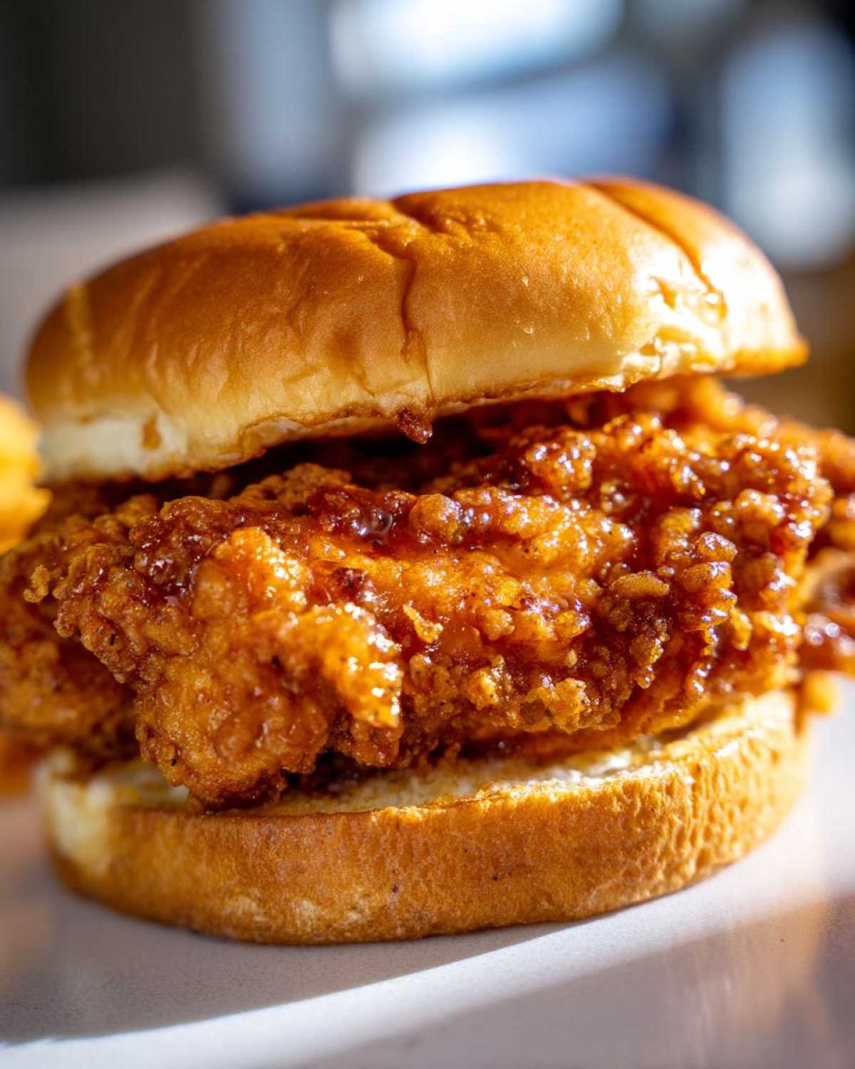 A close-up, macro shot of a Crispy Chicken Sandwich with Garlic Parmesan Sauce on a toasted brioche bun.