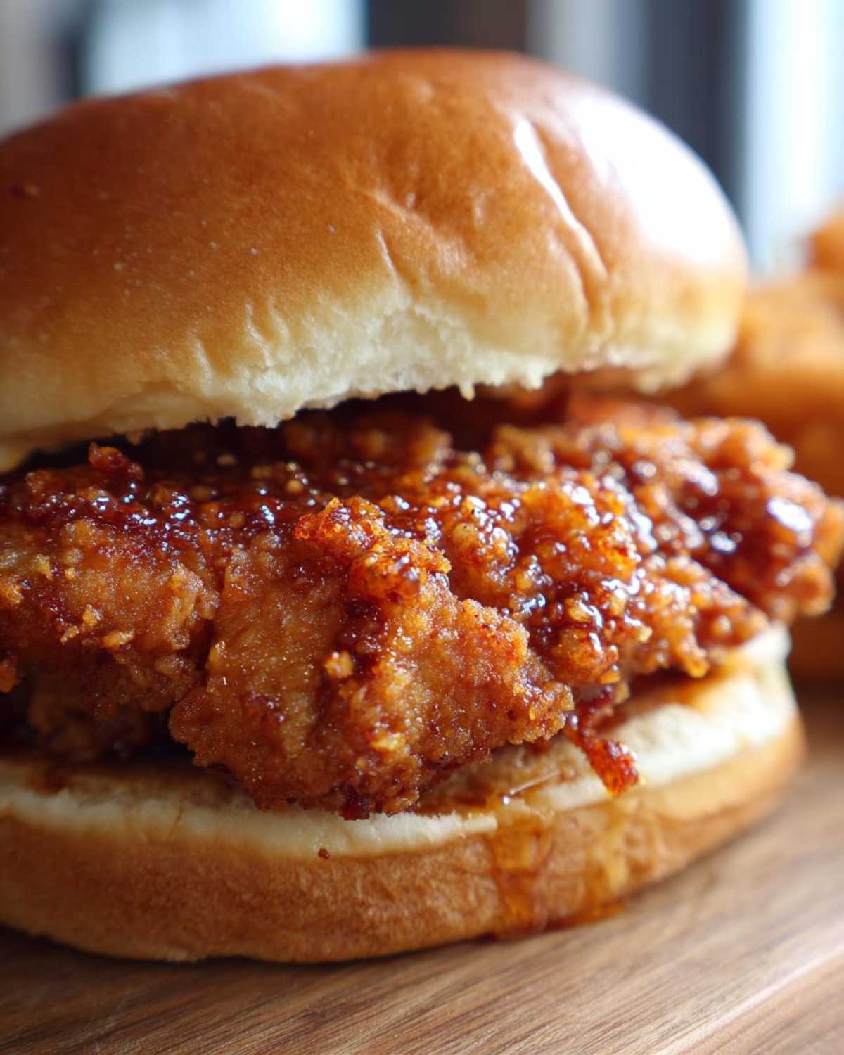 A close-up of a crispy chicken sandwich generously coated in a glossy sauce, served on a brioche bun.