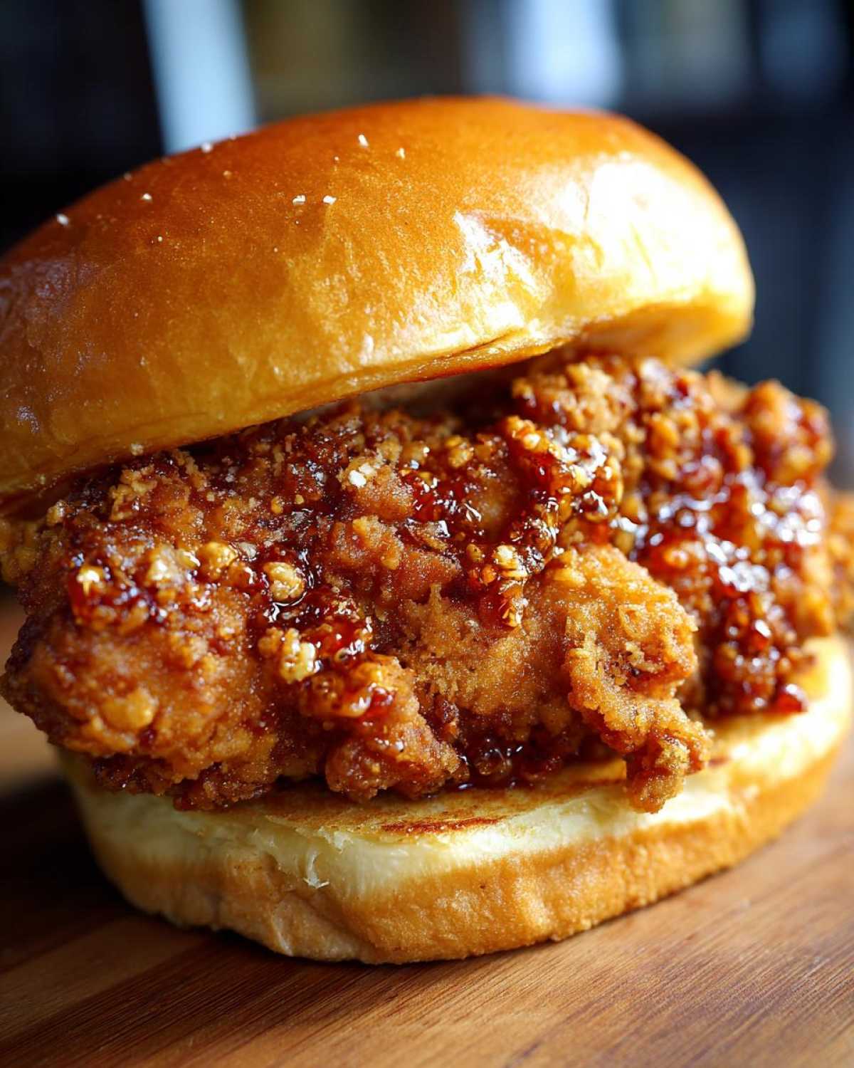 A close-up of a Crispy Chicken Sandwich with Garlic Parmesan Sauce piled high on a brioche bun.