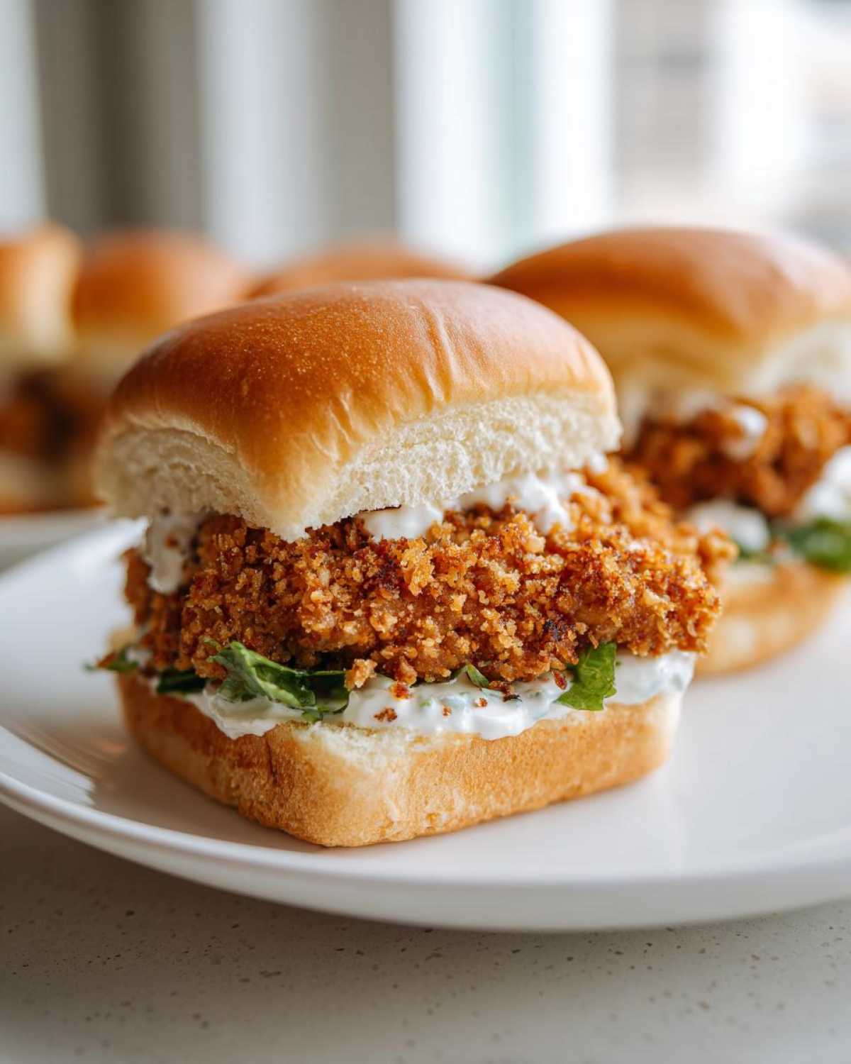 A close-up of one of the Crispy Chicken Sliders with Garlic Sauce, featuring a golden fried patty on a soft bun with white sauce and lettuce.