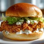 Close-up of a Crispy Chicken Slider featuring a golden fried patty, lettuce, and generous amounts of creamy garlic sauce on a brioche bun.