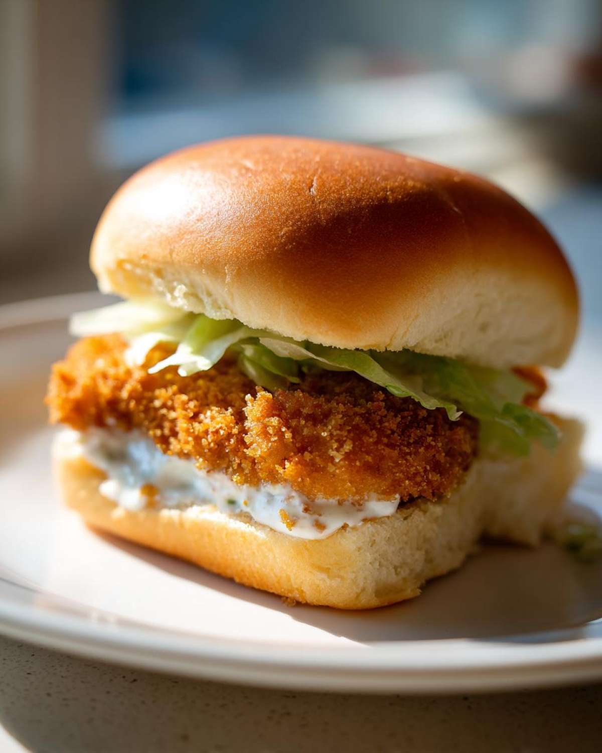 A single, delicious Crispy Chicken Sliders with Garlic Sauce featuring a golden fried patty, lettuce, and creamy sauce on a soft bun.
