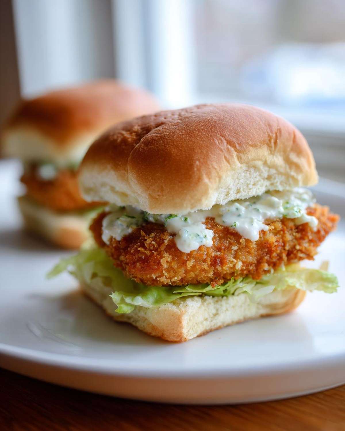 A close-up of a Crispy Chicken Slider topped generously with white garlic sauce and lettuce on a soft bun.