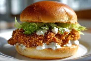 Close-up of a Crispy Chicken Slider featuring a golden fried patty, lettuce, and generous amounts of creamy garlic sauce on a brioche bun.