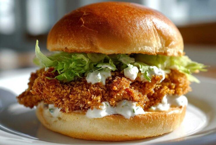 Close-up of a Crispy Chicken Slider featuring a golden fried patty, lettuce, and generous amounts of creamy garlic sauce on a brioche bun.