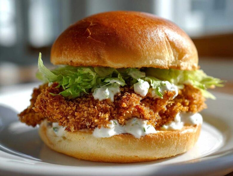 Close-up of a Crispy Chicken Slider featuring a golden fried patty, lettuce, and generous amounts of creamy garlic sauce on a brioche bun.