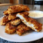 A pile of golden brown Crispy Chicken Tenders with one piece broken open to show the white meat, served with a side of Garlic Parmesan Dip.