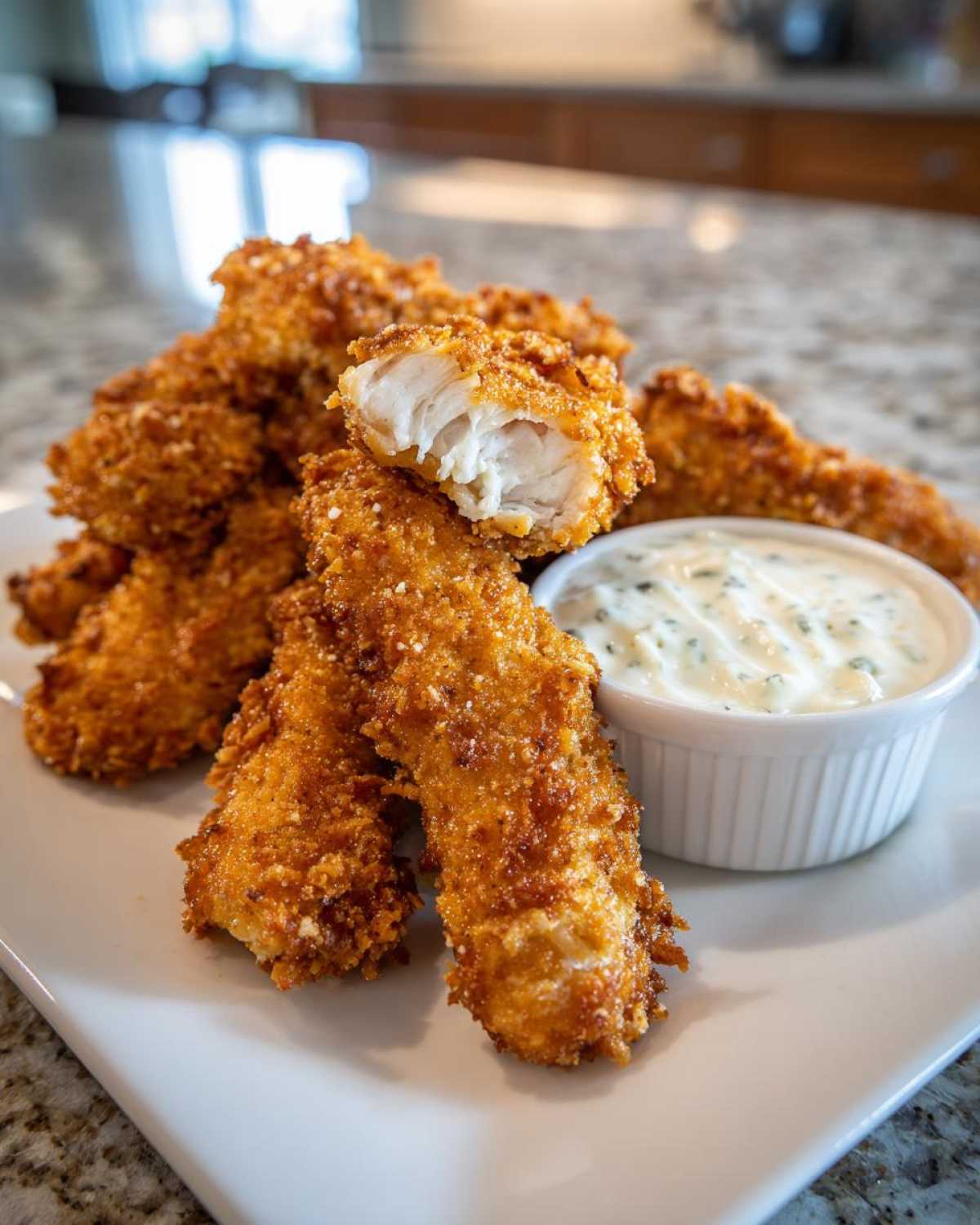 A pile of golden brown Crispy Chicken Tenders served with a side of creamy Garlic Parmesan Dip.