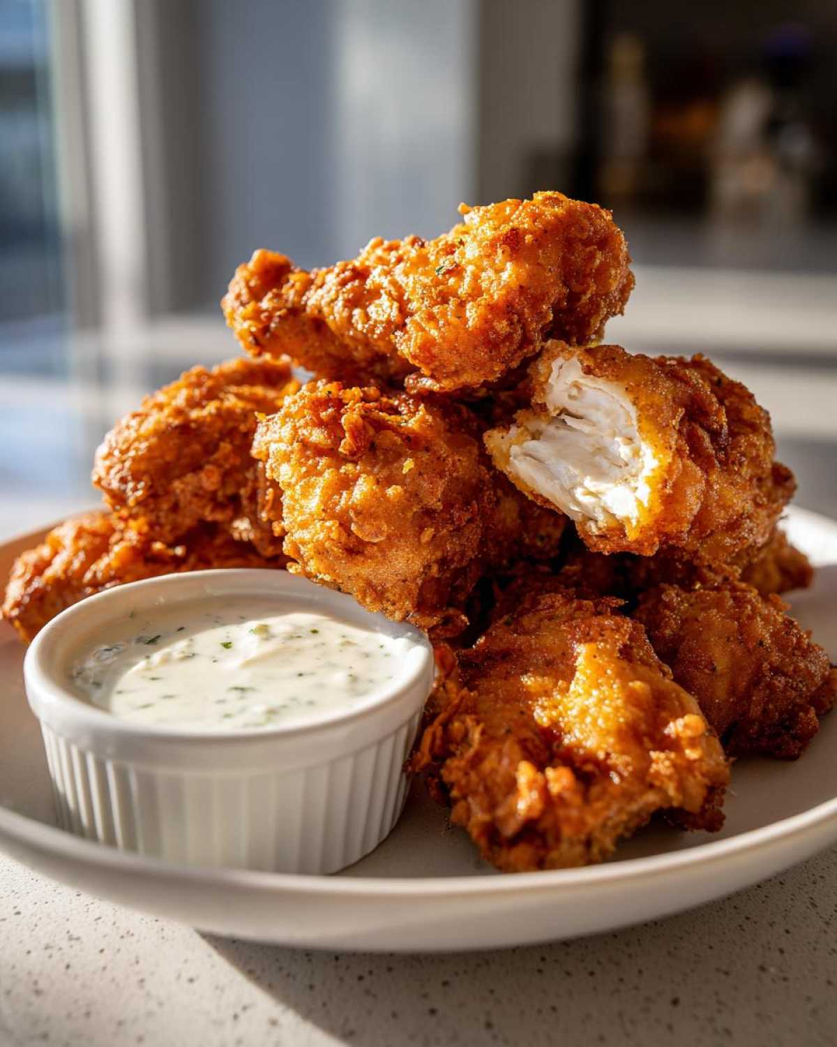 A pile of golden brown Crispy Chicken Tenders served with a side of creamy Garlic Parmesan Dip.