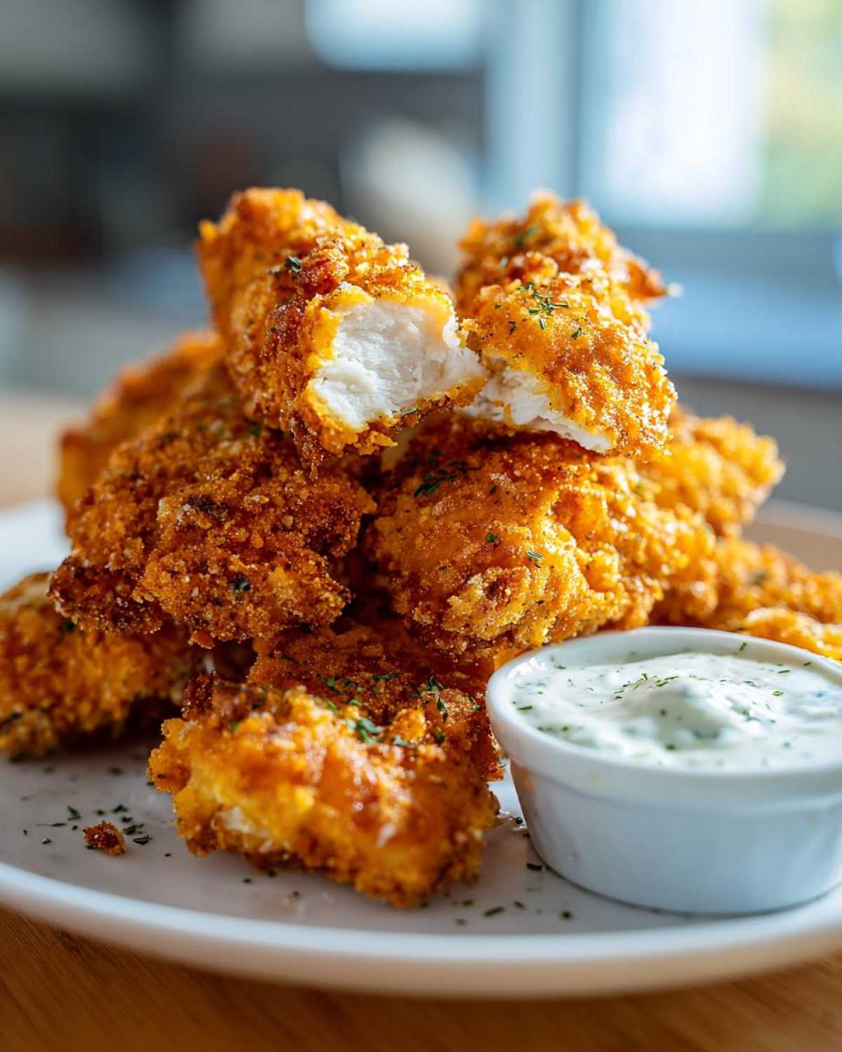 A pile of golden brown Crispy Chicken Tenders with Garlic Parmesan Dip, one tender broken open showing white meat.