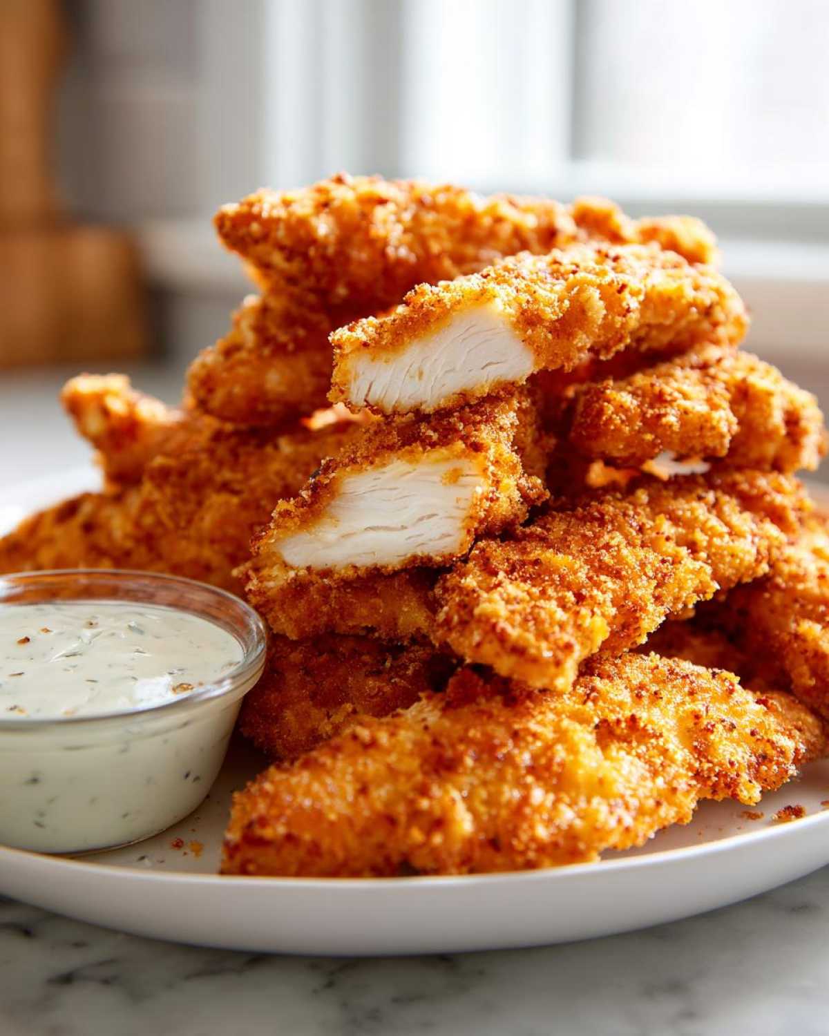 A stack of golden brown Crispy Chicken Tenders, with two pieces cut open showing juicy white meat, next to a small bowl of Garlic Parmesan Dip.