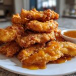 A mound of golden brown Crispy Chicken Tenders drizzled with honey sauce, served with a side of spicy honey dip.