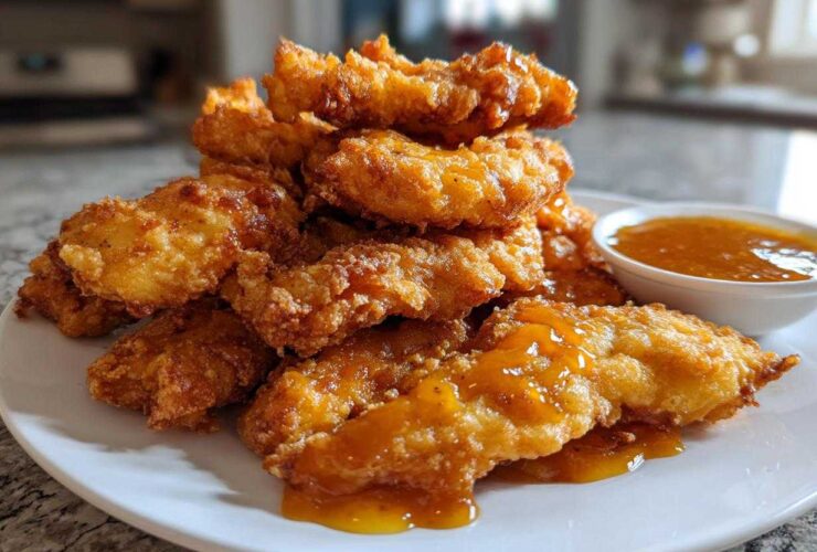 A mound of golden brown Crispy Chicken Tenders drizzled with honey sauce, served with a side of spicy honey dip.