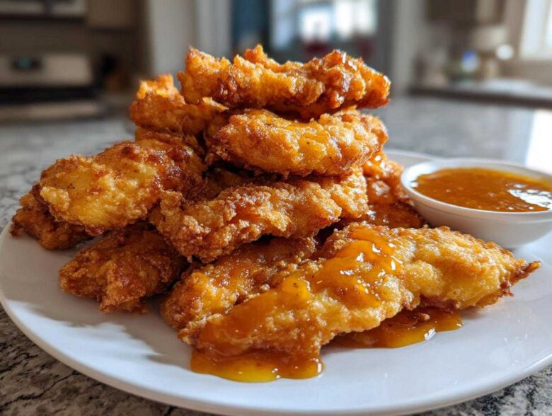 A mound of golden brown Crispy Chicken Tenders drizzled with honey sauce, served with a side of spicy honey dip.
