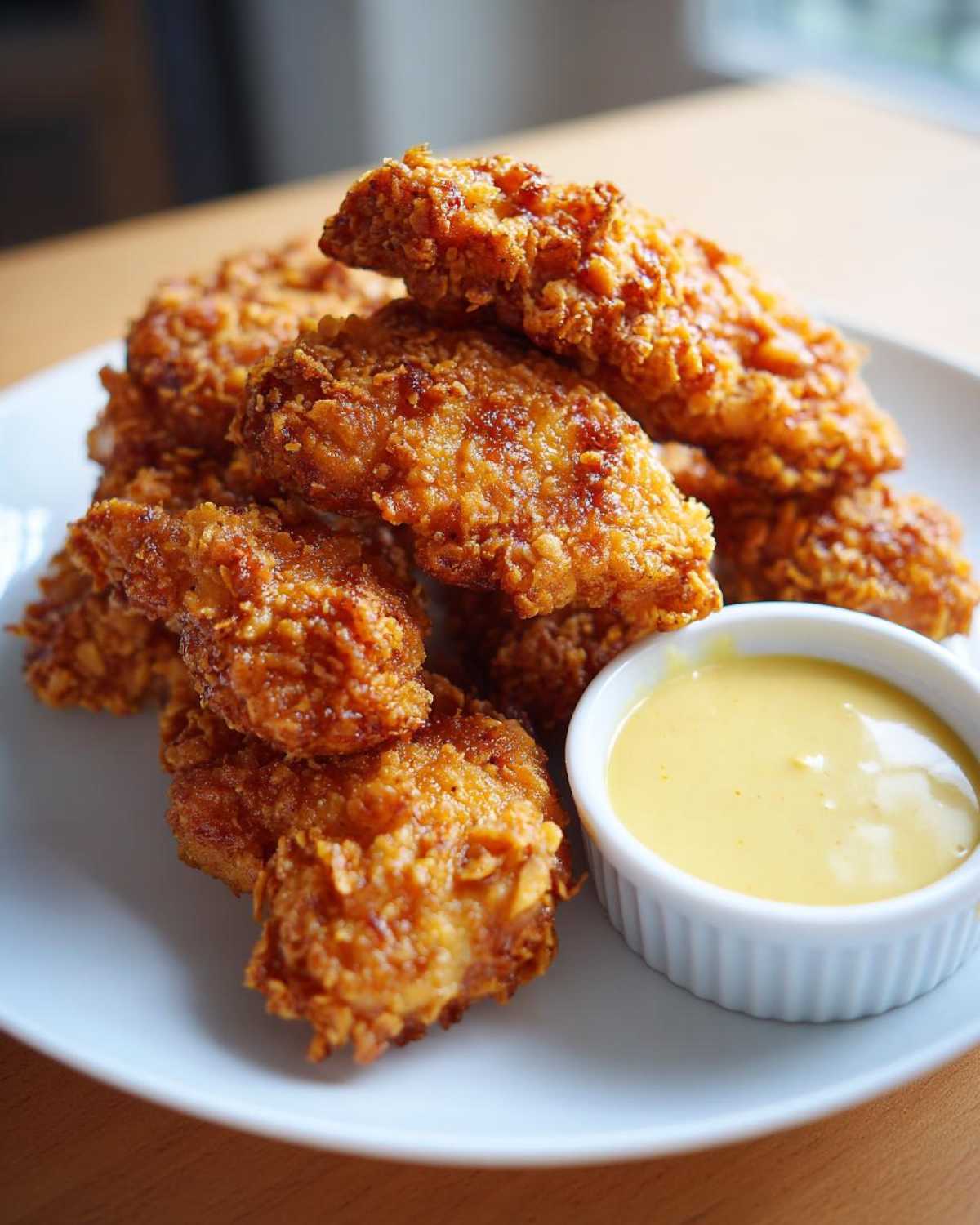 A pile of golden brown Crispy Chicken Tenders served on a white plate next to a small ramekin of yellow honey mustard sauce.