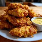 A pile of golden brown Crispy Chicken Tenders with Honey Mustard served on a white plate.