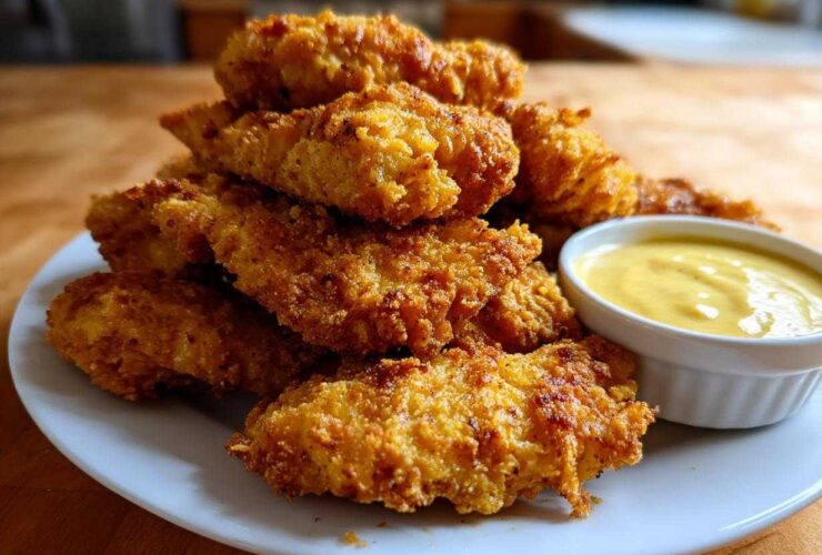 A pile of golden brown Crispy Chicken Tenders with Honey Mustard served on a white plate.