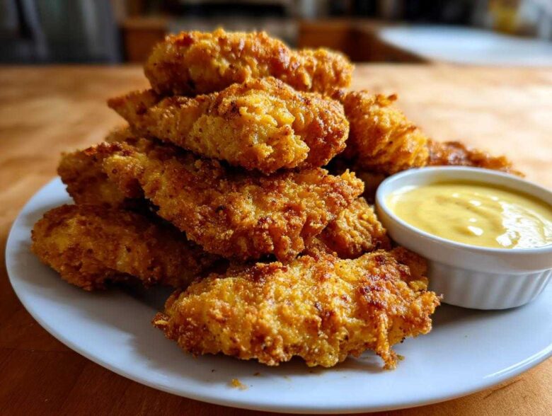A pile of golden brown Crispy Chicken Tenders with Honey Mustard served on a white plate.
