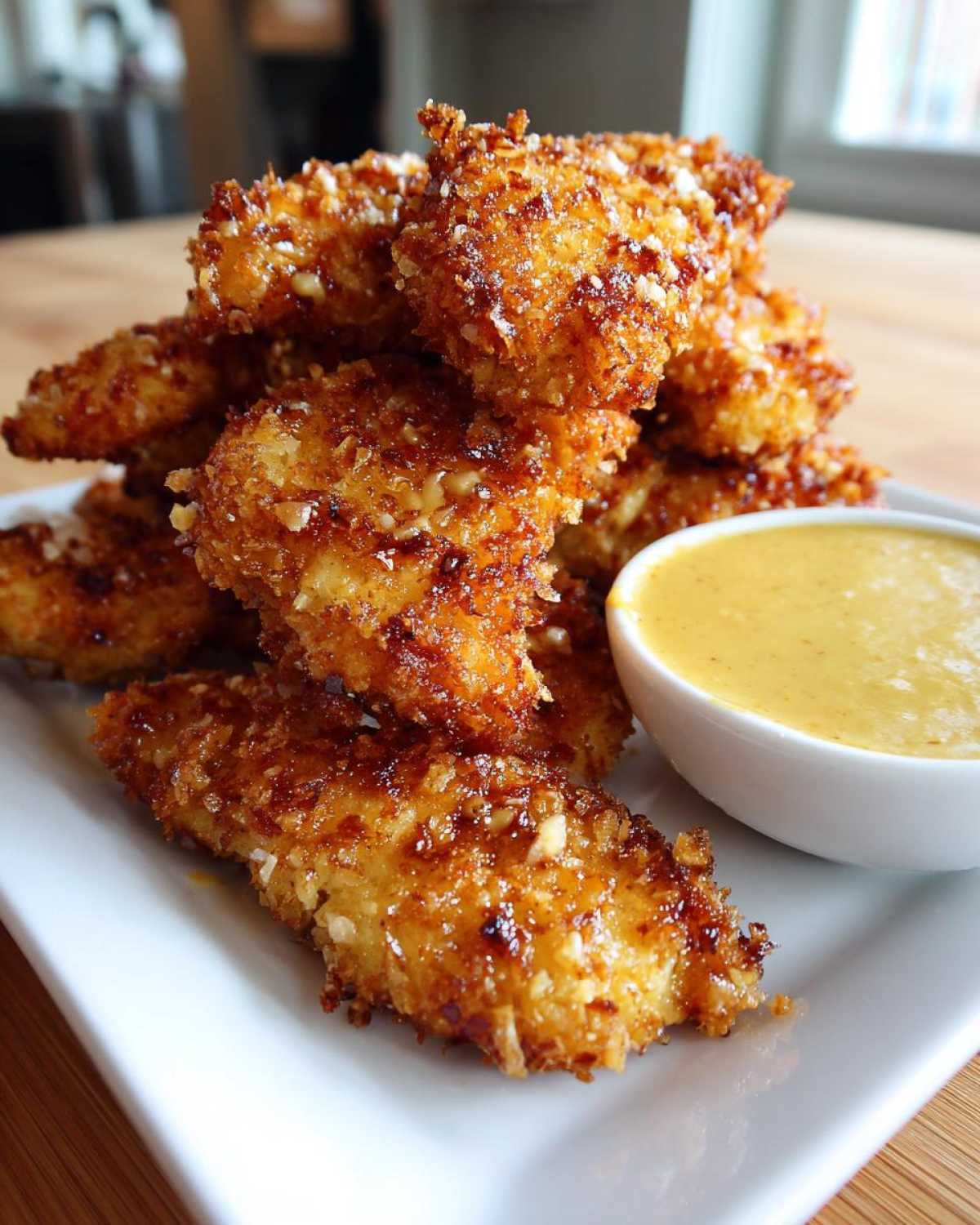 A stack of golden brown, crispy chicken tenders served with a side of bright yellow honey mustard dip.