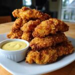A tall stack of golden brown, crispy chicken tenders served with a side of bright yellow honey mustard dip.