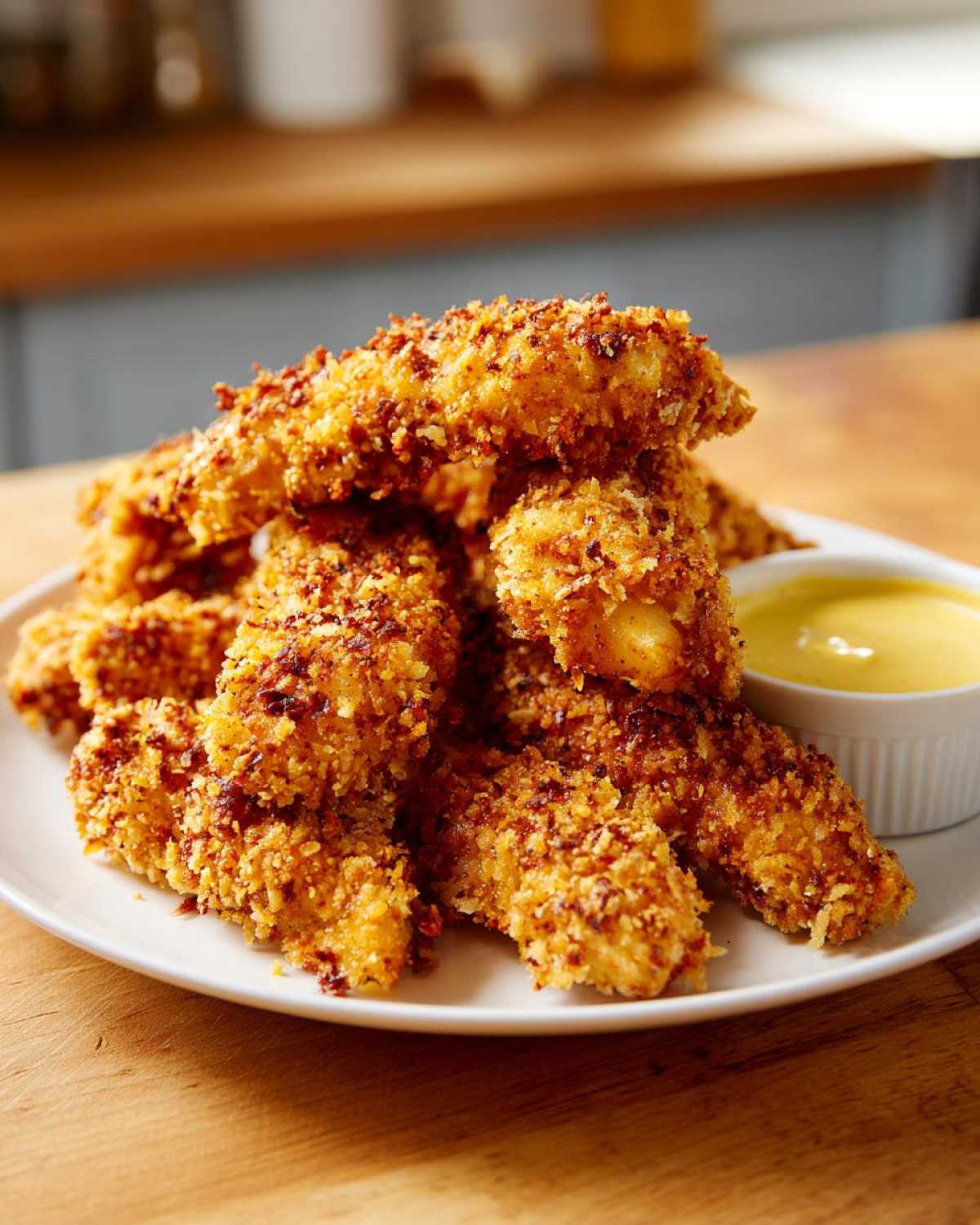 A stack of golden brown, crispy chicken tenders served with a side of bright yellow honey mustard dipping sauce.