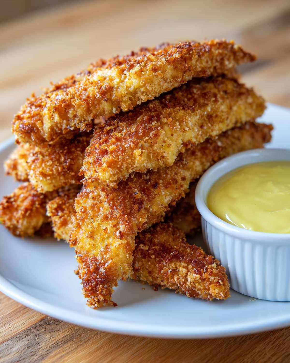 A stack of golden brown, crispy chicken tenders served next to a small white ramekin of bright yellow honey mustard dip.