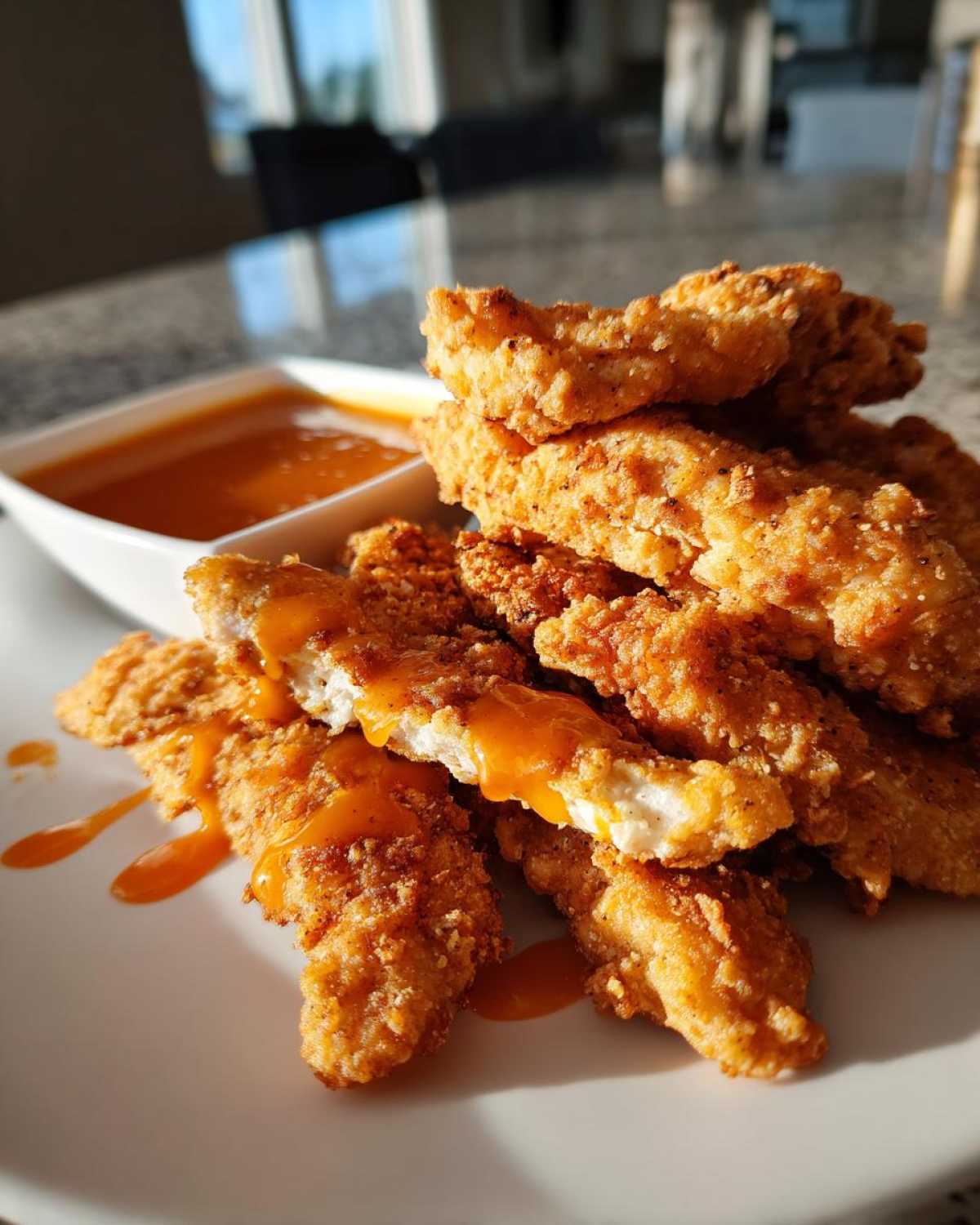 A stack of golden brown Crispy Chicken Tenders drizzled with spicy honey dip on a white plate.