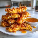 A stack of golden, crispy chicken tenders drizzled with spicy honey sauce, served with a side of dip.