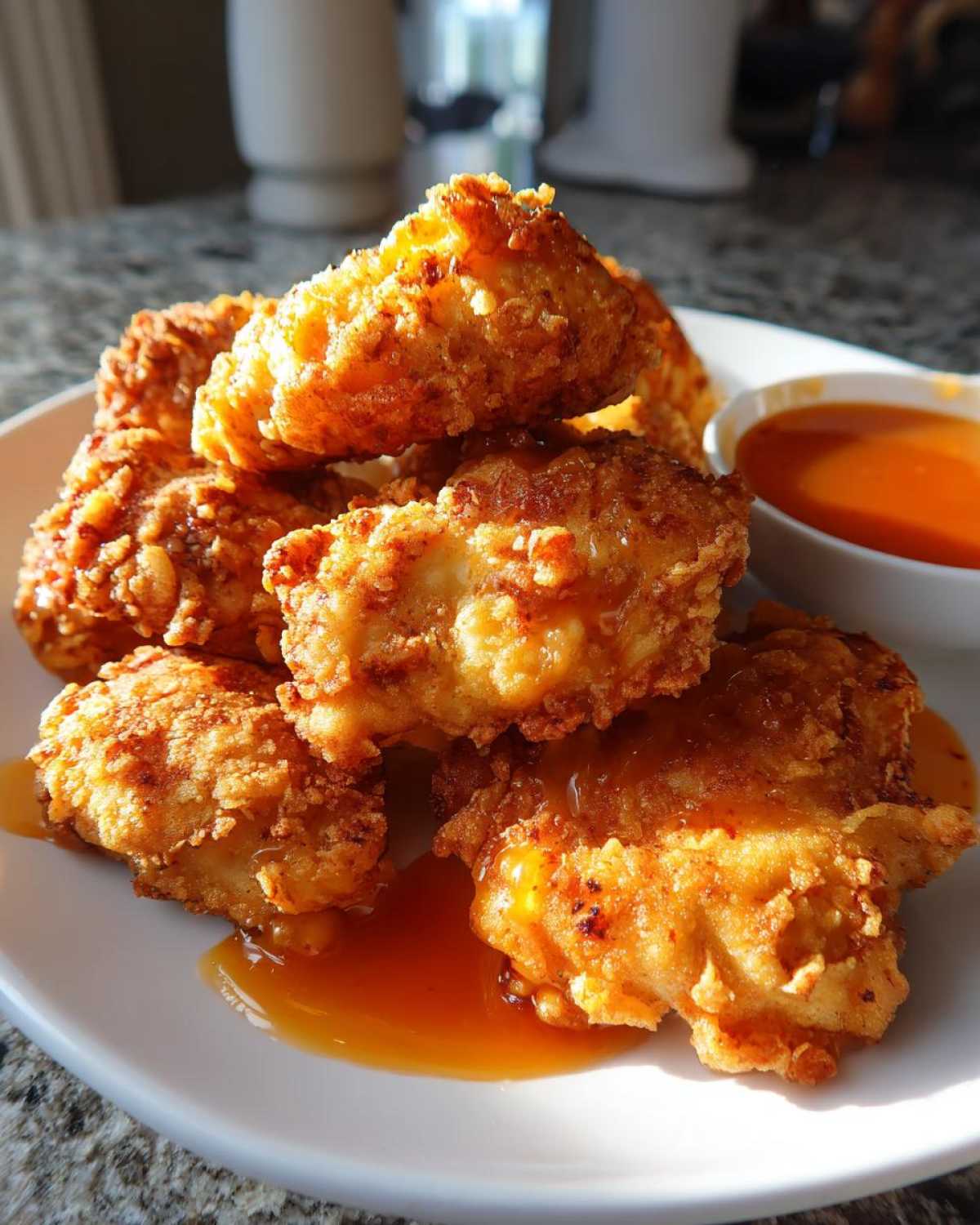 A pile of golden, crispy chicken tenders drizzled with honey, served with a side of spicy honey dip.