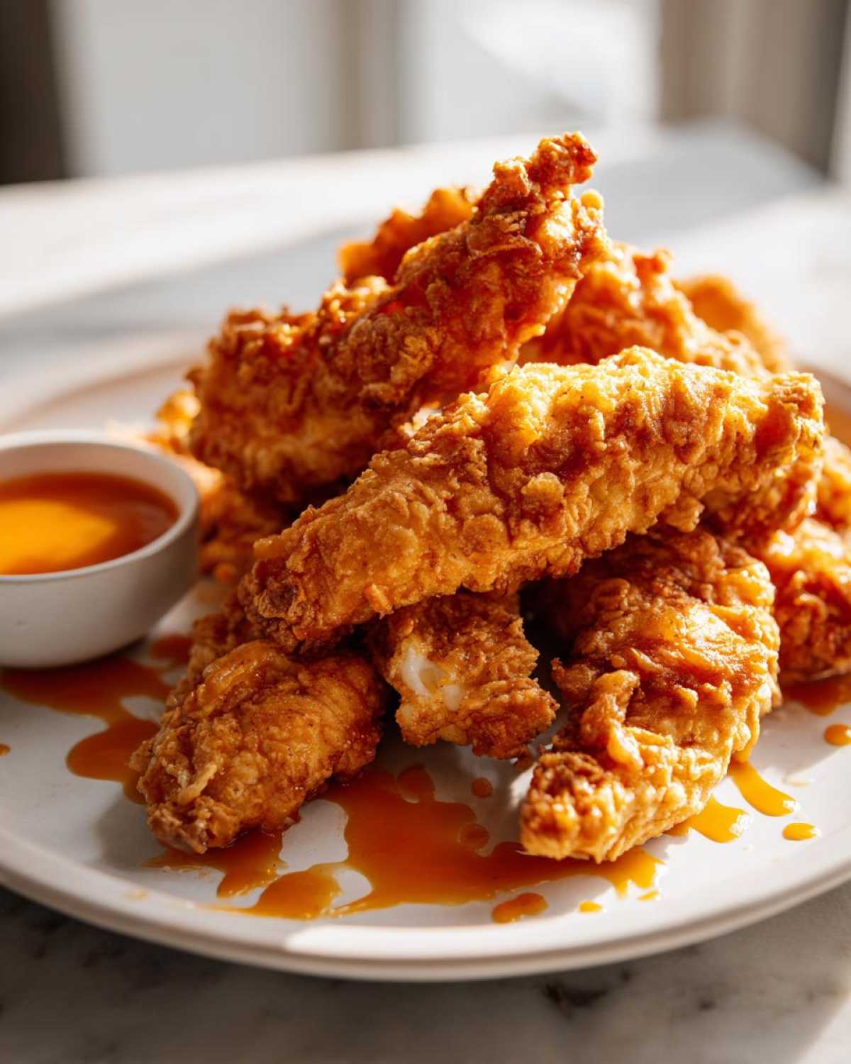 A pile of golden brown Crispy Chicken Tenders served on a white plate with a small bowl of spicy honey dip.