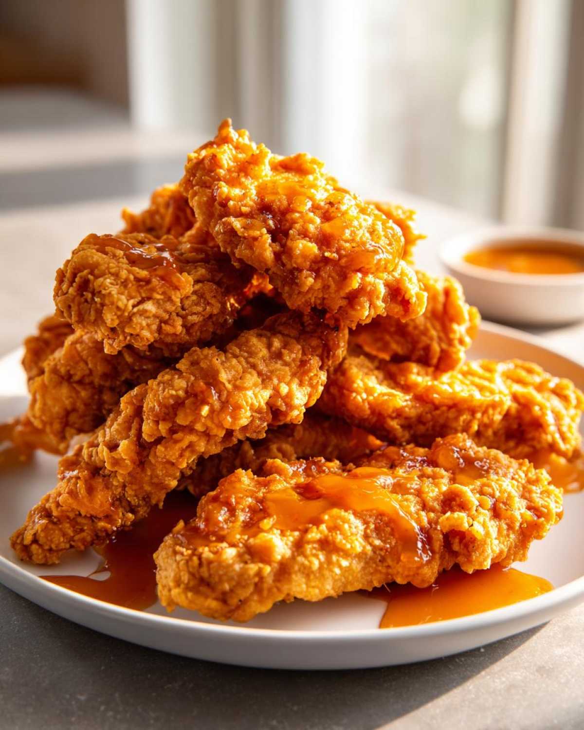 A stack of golden brown Crispy Chicken Tenders drizzled with spicy honey sauce on a white plate.