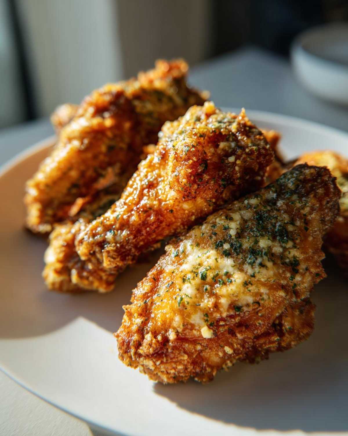 Close-up of golden, crispy chicken wings coated in garlic parmesan sauce and herbs.