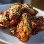 A close-up of several golden brown, crispy chicken wings coated in garlic parmesan sauce and sprinkled with parsley.