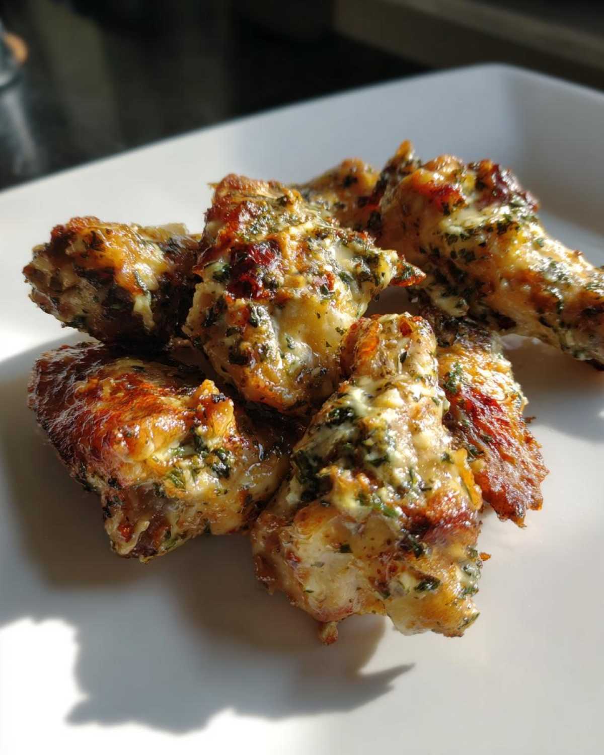 Close-up of several golden brown Crispy Chicken Wings with Garlic Parmesan Sauce piled on a white plate.