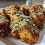 Close-up of several crispy chicken wings coated in melted garlic parmesan sauce and sprinkled with parsley.