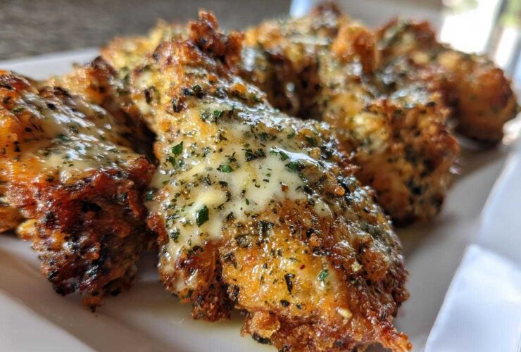 Close-up of several crispy chicken wings coated in melted garlic parmesan sauce and sprinkled with parsley.