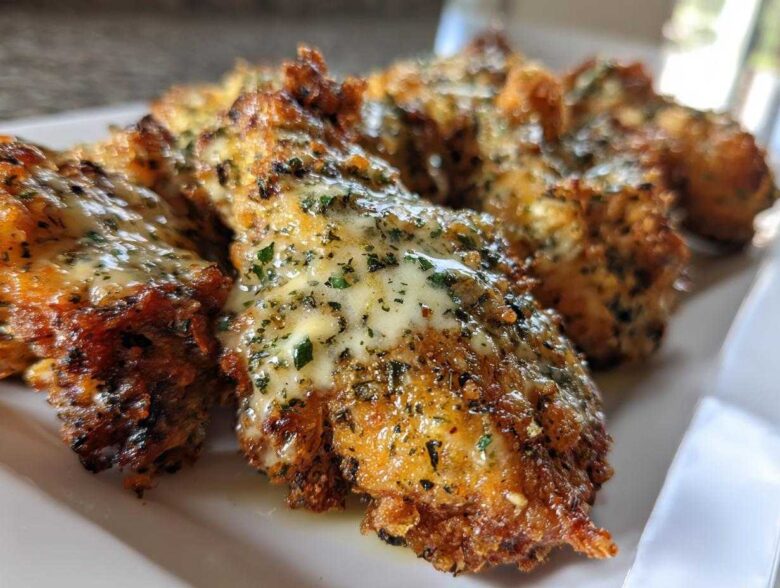 Close-up of several crispy chicken wings coated in melted garlic parmesan sauce and sprinkled with parsley.