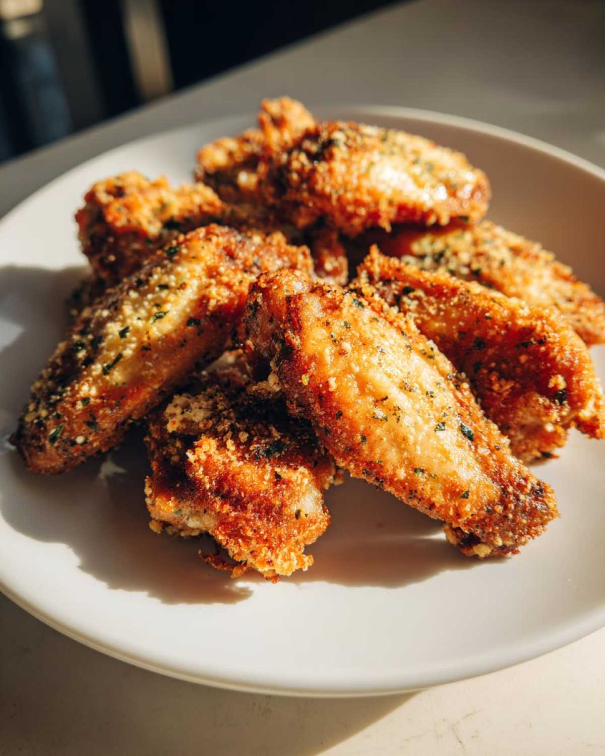 A close-up of golden brown, crispy chicken wings coated in garlic parmesan sauce and herbs on a white plate.