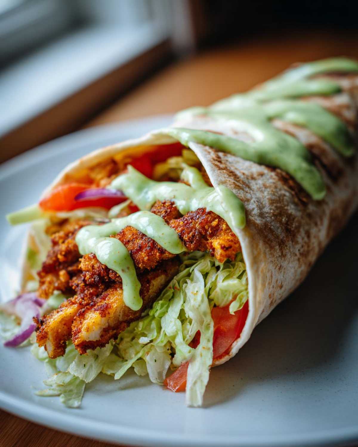 A close-up of a Crispy Chicken Wrap filled with lettuce, tomato, and drizzled generously with bright green avocado sauce.