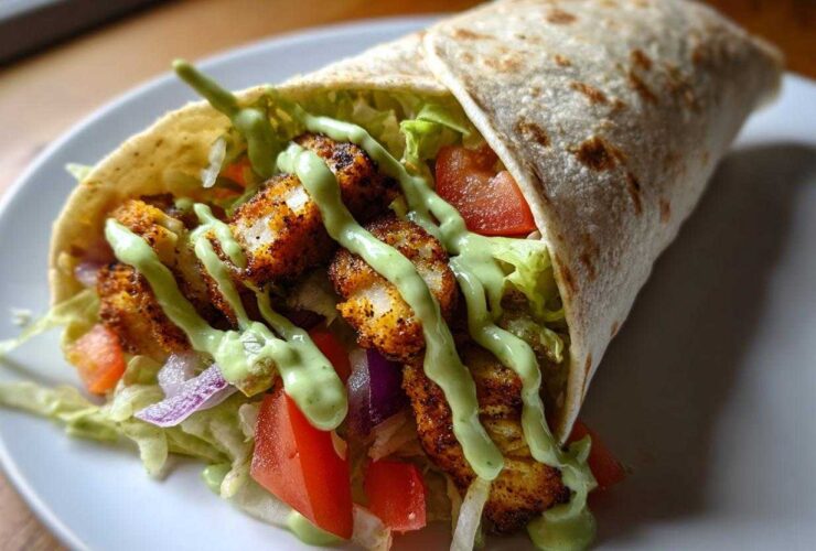 A close-up of a perfectly assembled Crispy Chicken Wrap with Avocado Sauce, filled with seasoned chicken, lettuce, tomato, and onion.