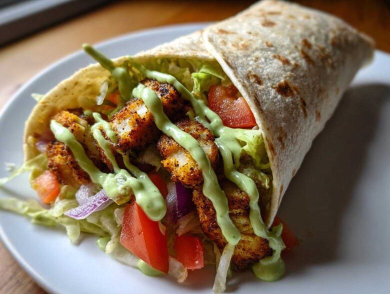 A close-up of a perfectly assembled Crispy Chicken Wrap with Avocado Sauce, filled with seasoned chicken, lettuce, tomato, and onion.