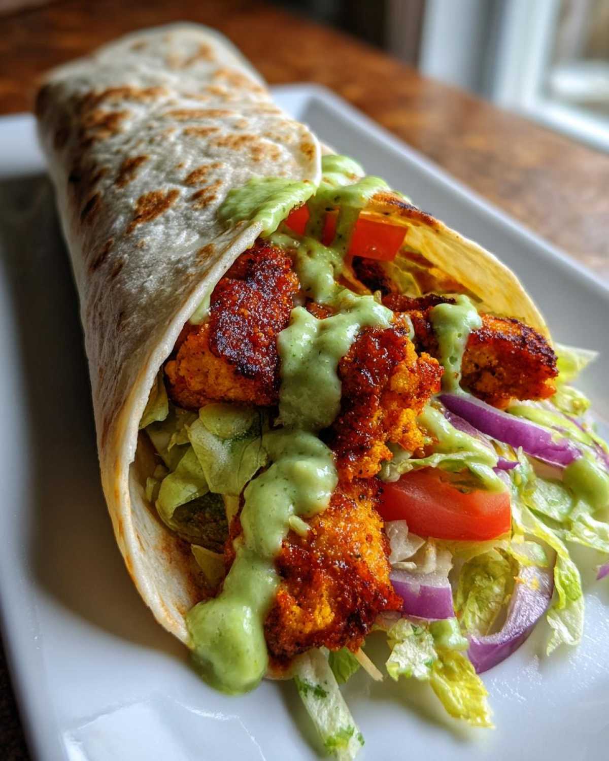 A delicious Crispy Chicken Wrap filled with seasoned chicken, lettuce, tomato, red onion, and drizzled generously with bright green avocado sauce.