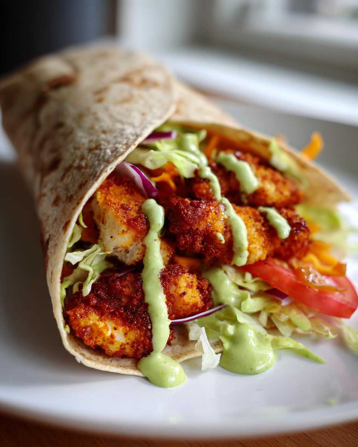 A close-up of a whole wheat tortilla filled with crispy chicken, lettuce, tomato, and drizzled generously with bright green avocado sauce, making a perfect Crispy Chicken Wrap.